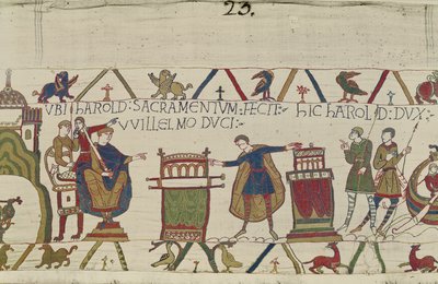 Harold schwört einen heiligen Eid auf Wilhelm in Bayeux, Bayeux-Tapete von Unbekannt Unbekannt